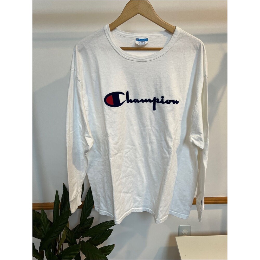 Vintage Champion White Long Sleeve Shirt with Navy and Red Script Logo- X-Large
